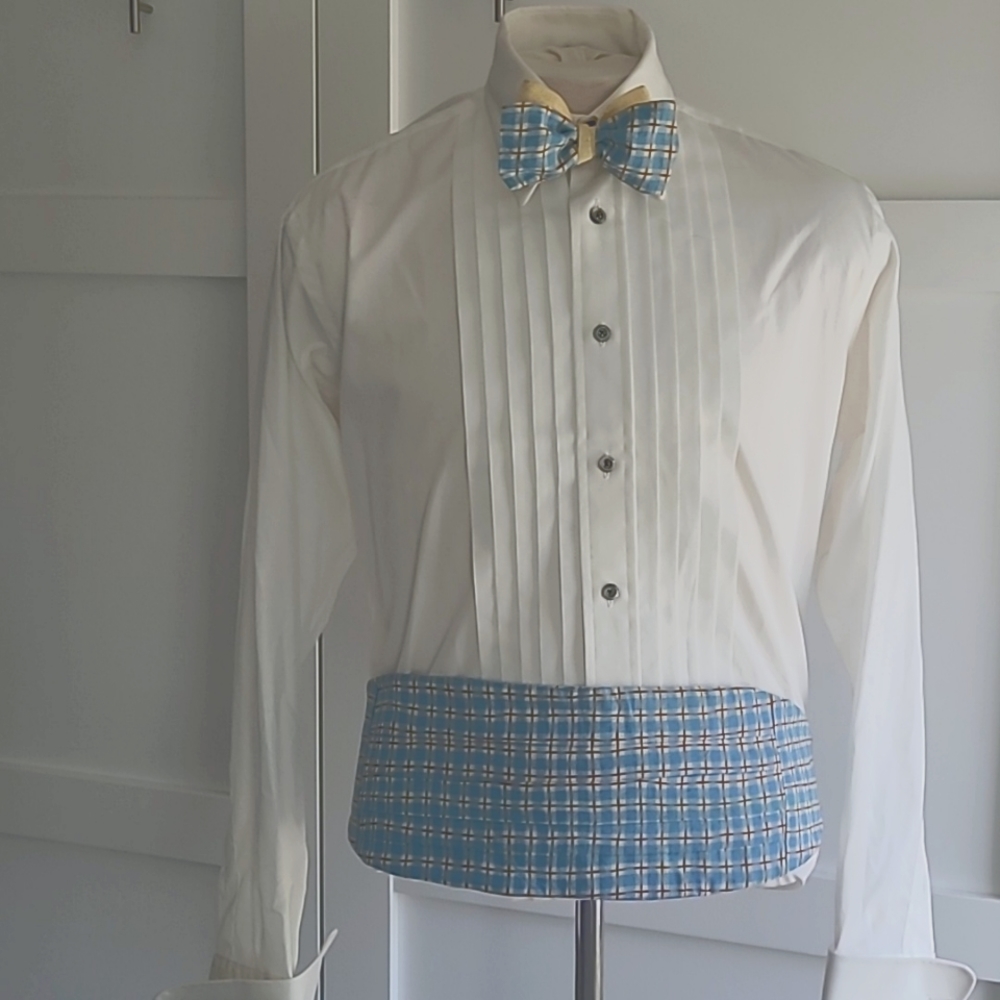 Blue plaid bow tie, cummerbund & pocket square